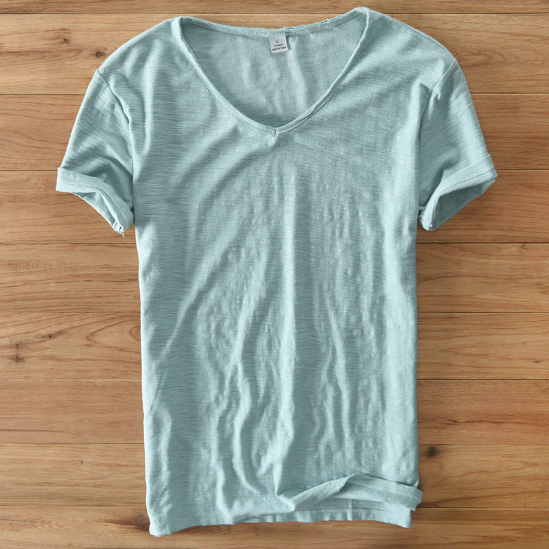 Men'S Cotton Linen T-Shirt Short Sleeve V-Neck Breathable Loose Soft White Asian Size