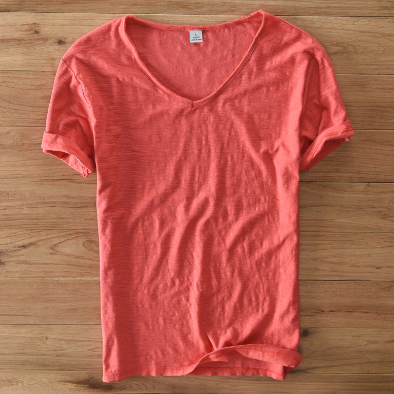 Men'S Cotton Linen T-Shirt Short Sleeve V-Neck Breathable Loose Soft White Asian Size
