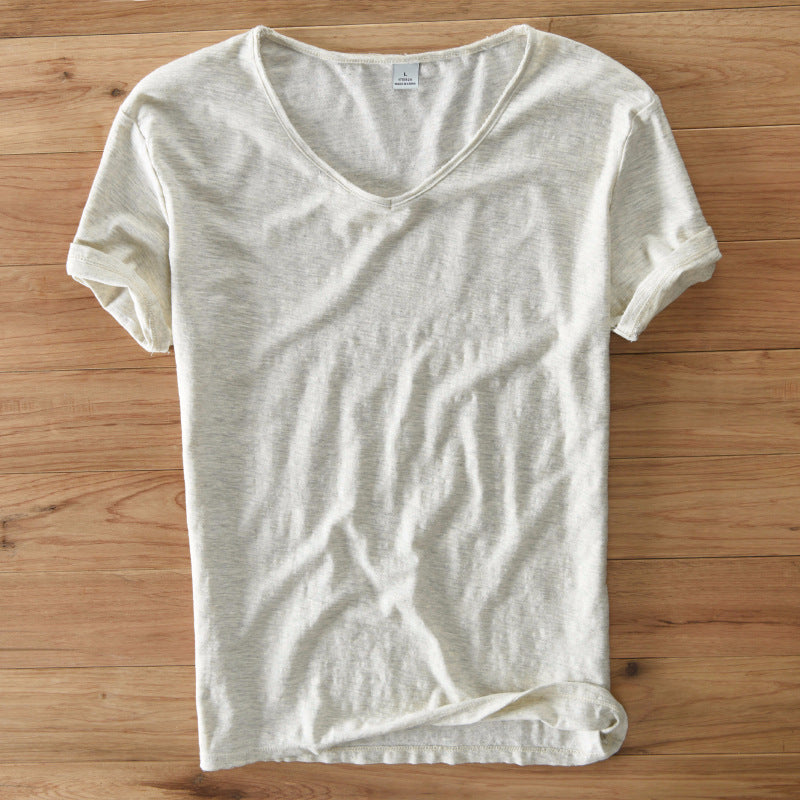 Men'S Cotton Linen T-Shirt Short Sleeve V-Neck Breathable Loose Soft White Asian Size