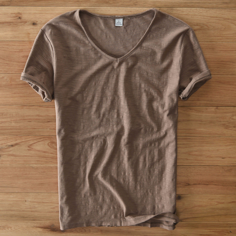Men'S Cotton Linen T-Shirt Short Sleeve V-Neck Breathable Loose Soft White Asian Size