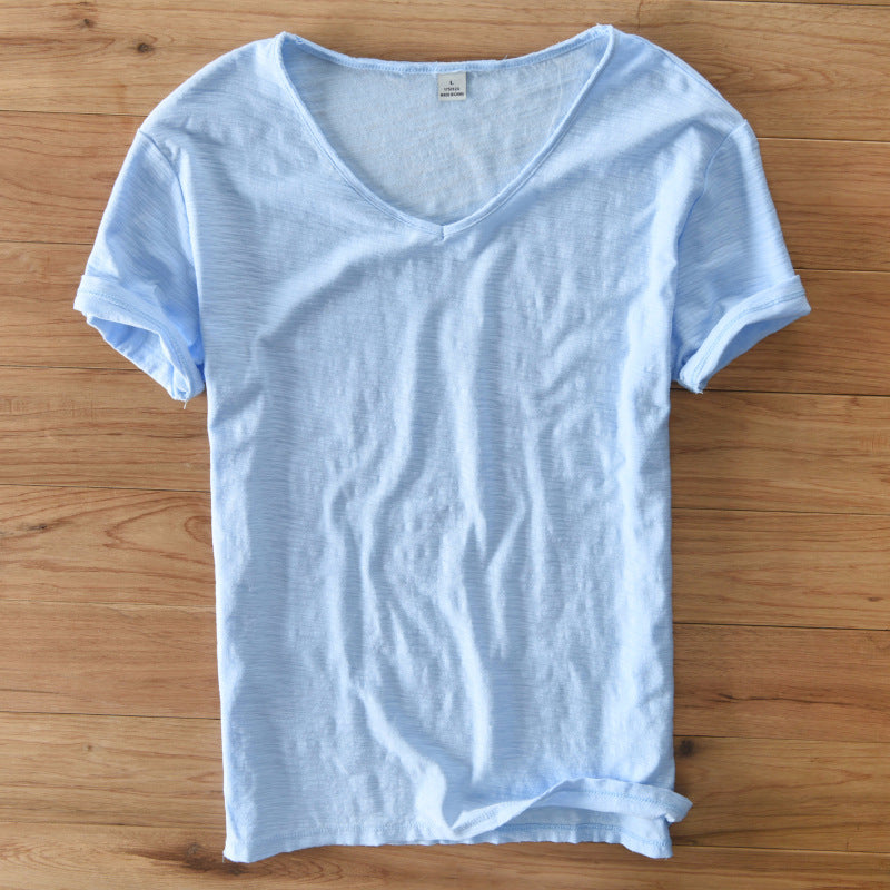 Men'S Cotton Linen T-Shirt Short Sleeve V-Neck Breathable Loose Soft White Asian Size