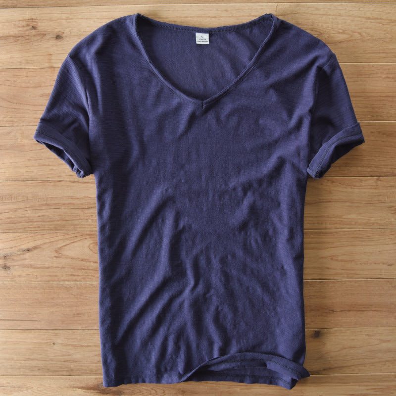 Men'S Cotton Linen T-Shirt Short Sleeve V-Neck Breathable Loose Soft White Asian Size