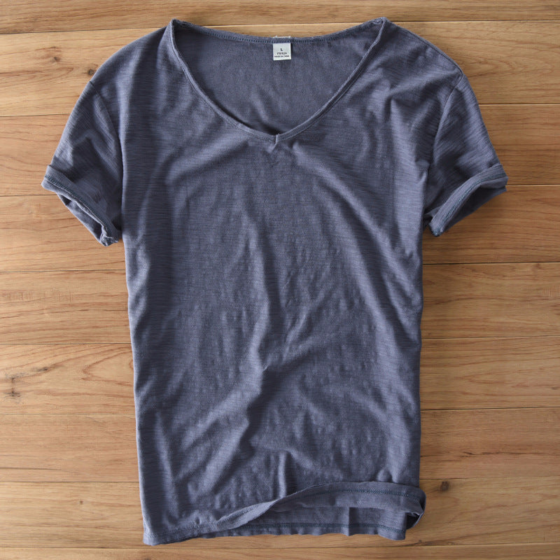 Men'S Cotton Linen T-Shirt Short Sleeve V-Neck Breathable Loose Soft White Asian Size