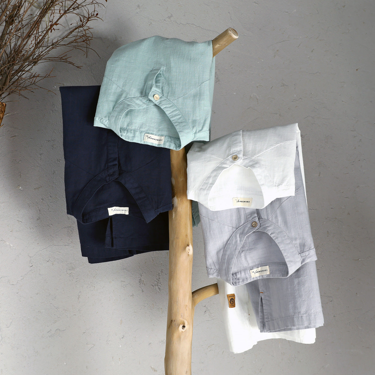 Casual Chinese Style Loose Standing Collar Cotton Linen Short Sleeved Shirt