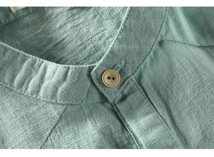 Casual Chinese Style Loose Standing Collar Cotton Linen Short Sleeved Shirt
