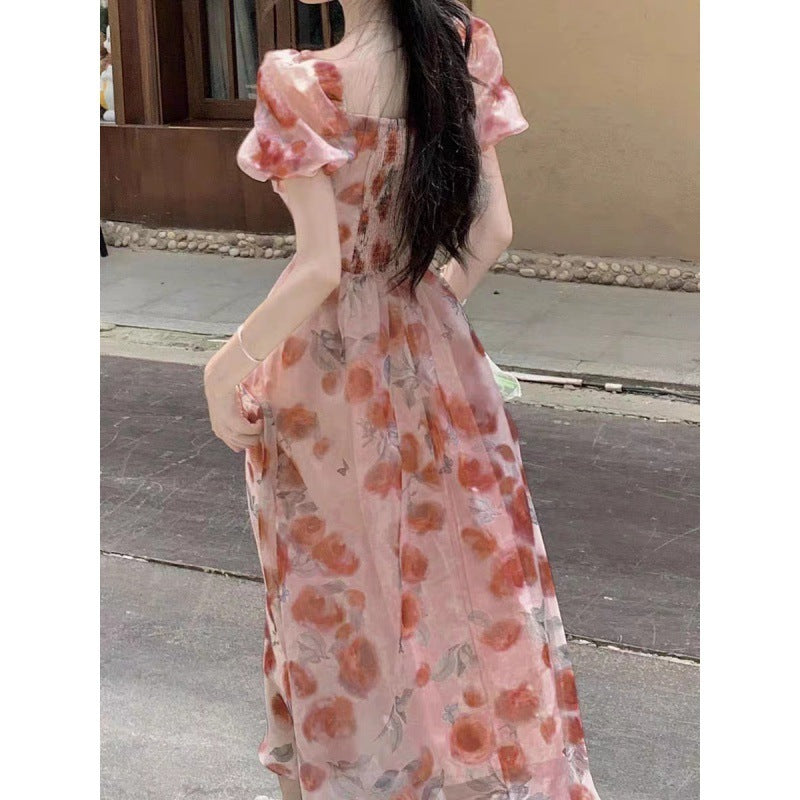 Square-neck Cinched Slimming Floral Dress