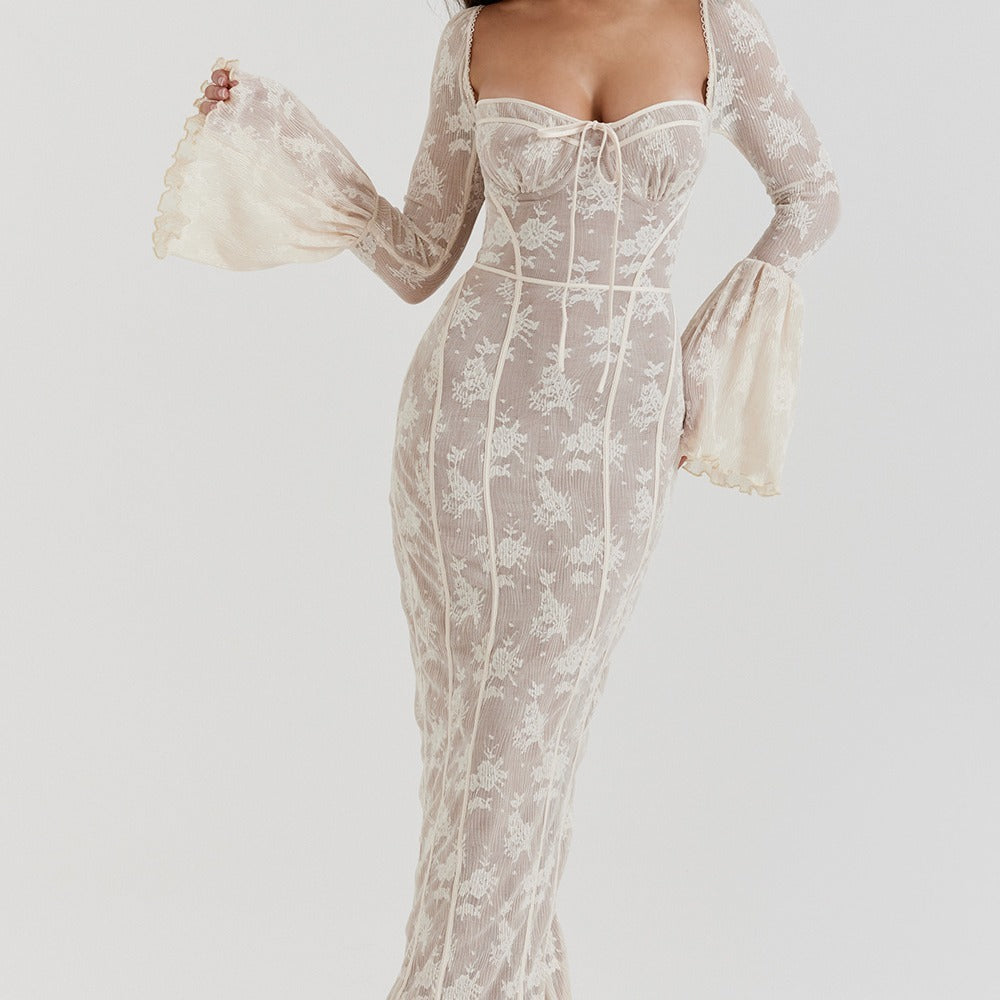 French Style Temperament Lace Square Collar Lace Up Dress