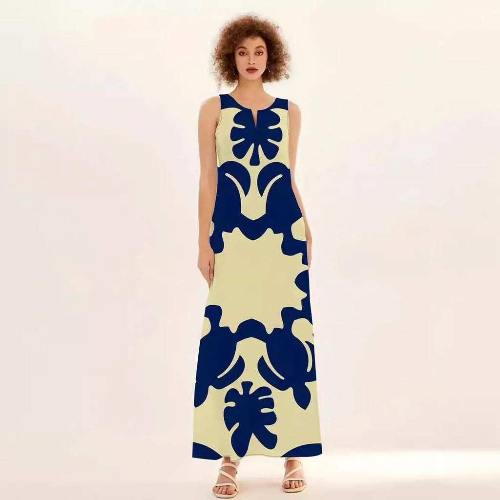 French Style Temperament Printed V-neck Printed Long Dress
