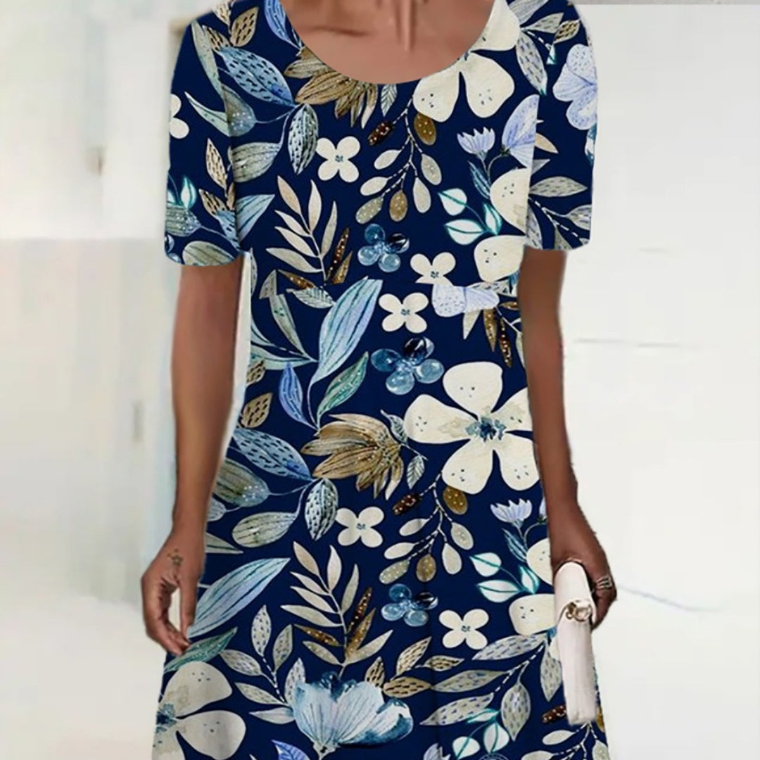 Women's Round Neck Short Sleeve Pleated Mid-length Dress