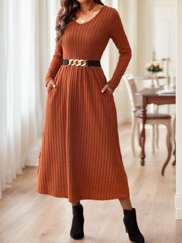 Women's Fall Solid Color Casual Long Sleeve Midi Dress With Belt Decoration