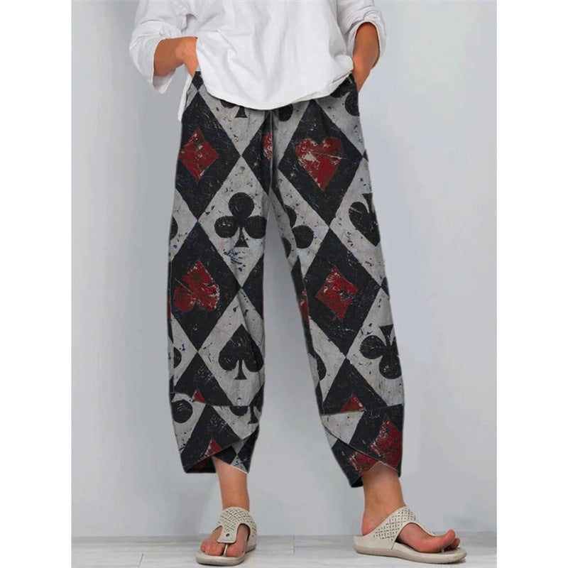 High Waist Gray Trousers Printed Stitching Loose Cropped Pants