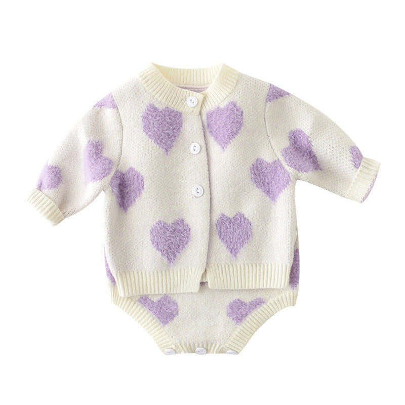 Spring Autumn Infant Baby Girls Knit Long Sleeve Loving Heart Coat Rompers