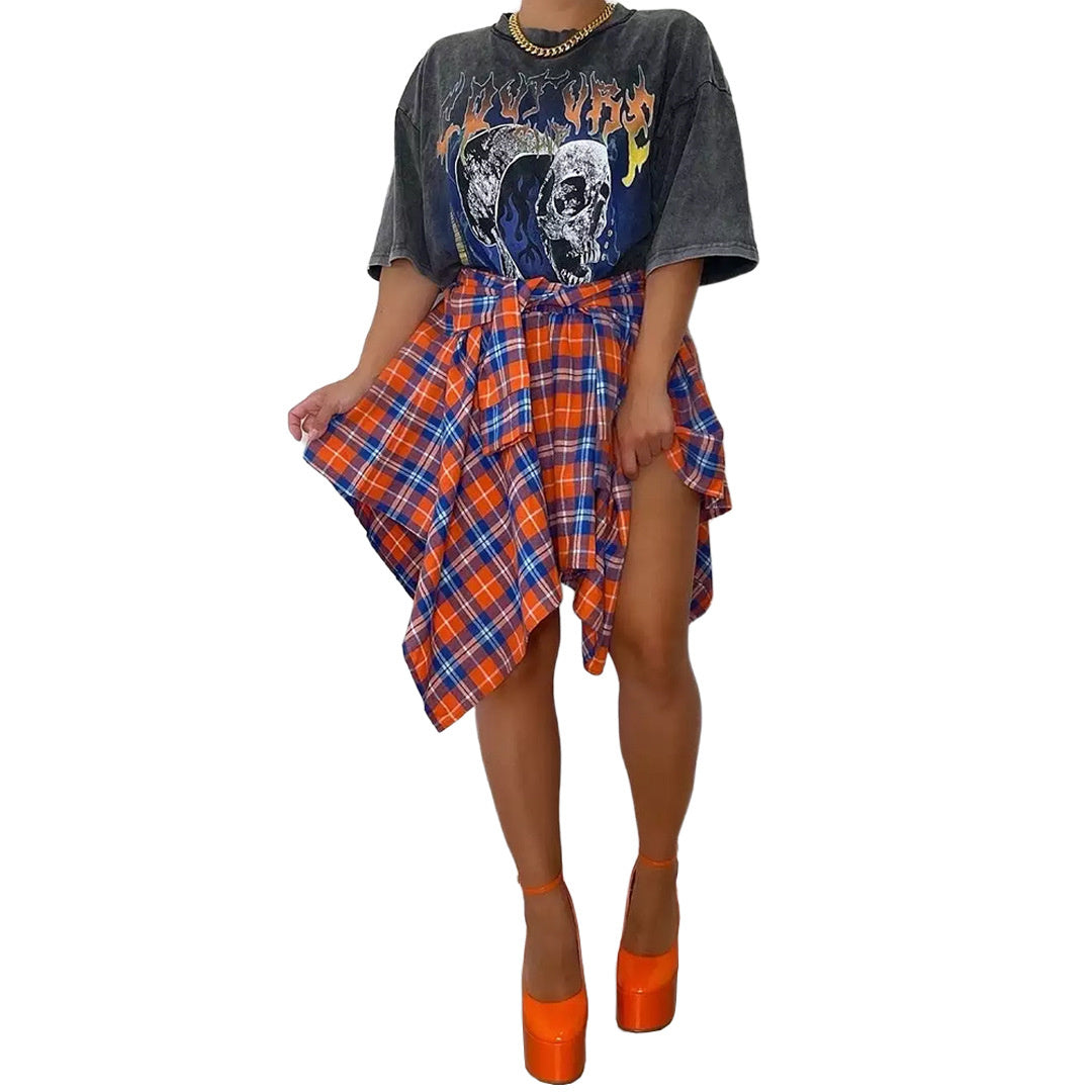 Women's Fashion Irregular Plaid Tied Sleeve Shirt Skirt