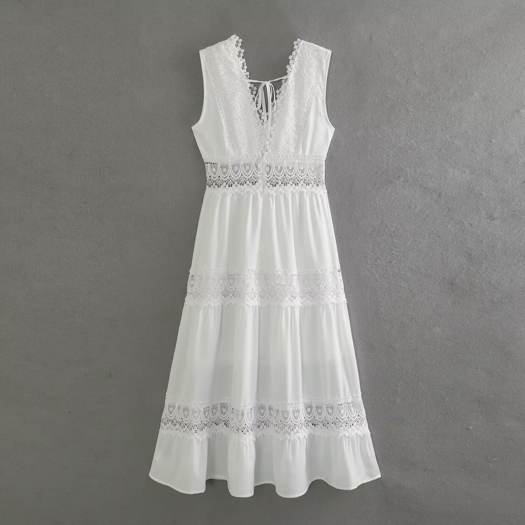 Women's Spring Fashion Simple Lace Stitching White Dress