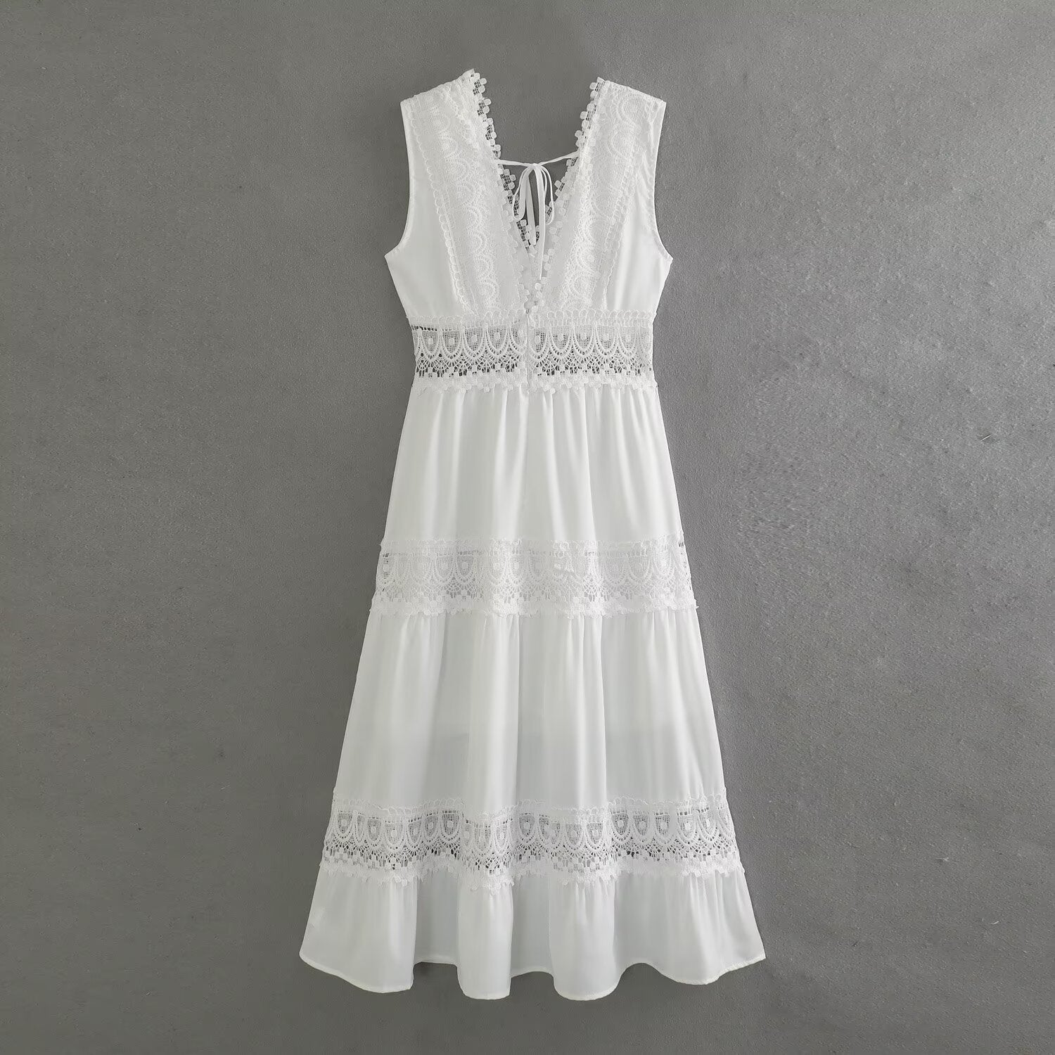 Women's Spring Fashion Simple Lace Stitching White Dress