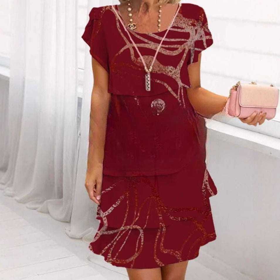 Women's Short-sleeved Round Neck 3D Printed Chiffon Dress