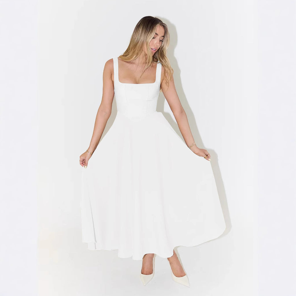 European And American Solid Color Square Collar Sleeveless Fitted Waist Backless Camisole Dress