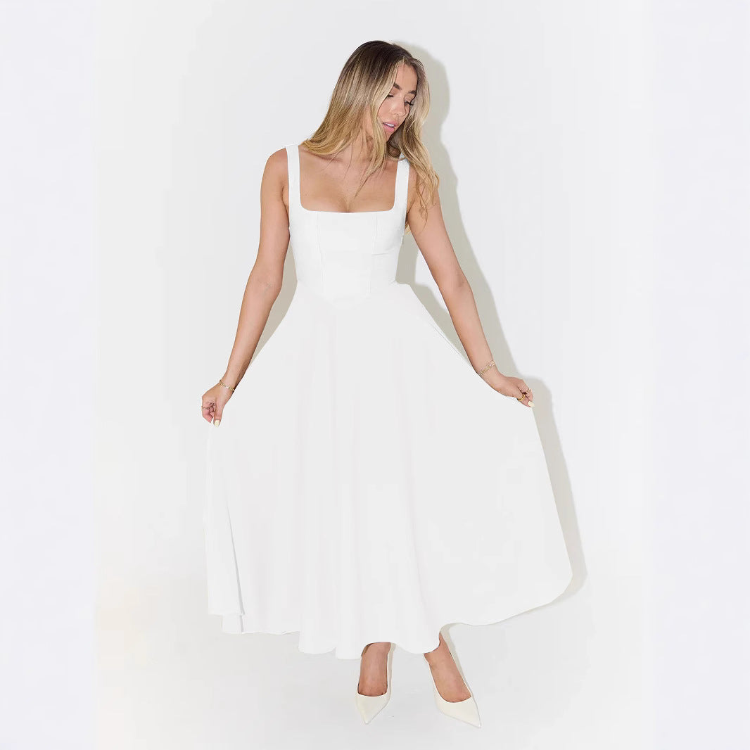 European And American Solid Color Square Collar Sleeveless Fitted Waist Backless Camisole Dress