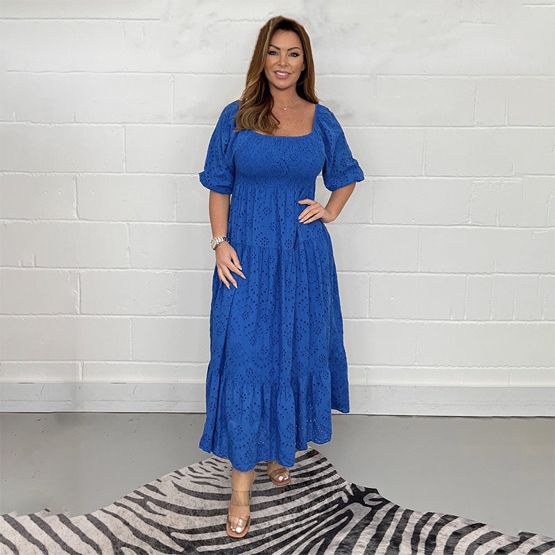 Comfortable Loose High Waist Embroidered Solid Color U Collar Dress For Women