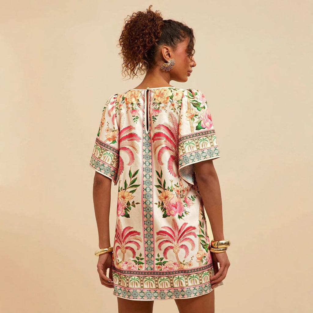Fashion Retro Crew Neck Horn Printing Dress