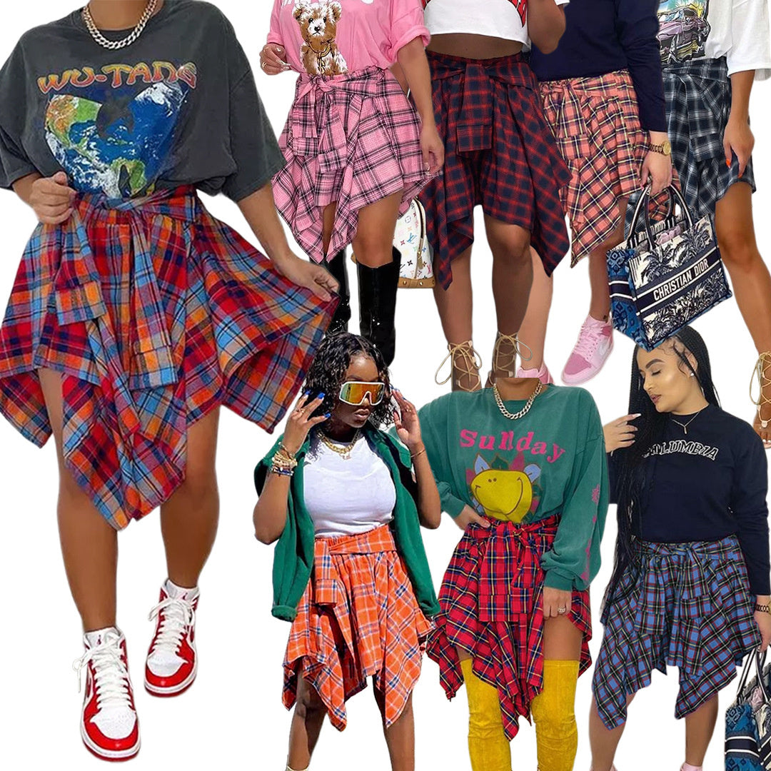 Women's Fashion Irregular Plaid Tied Sleeve Shirt Skirt