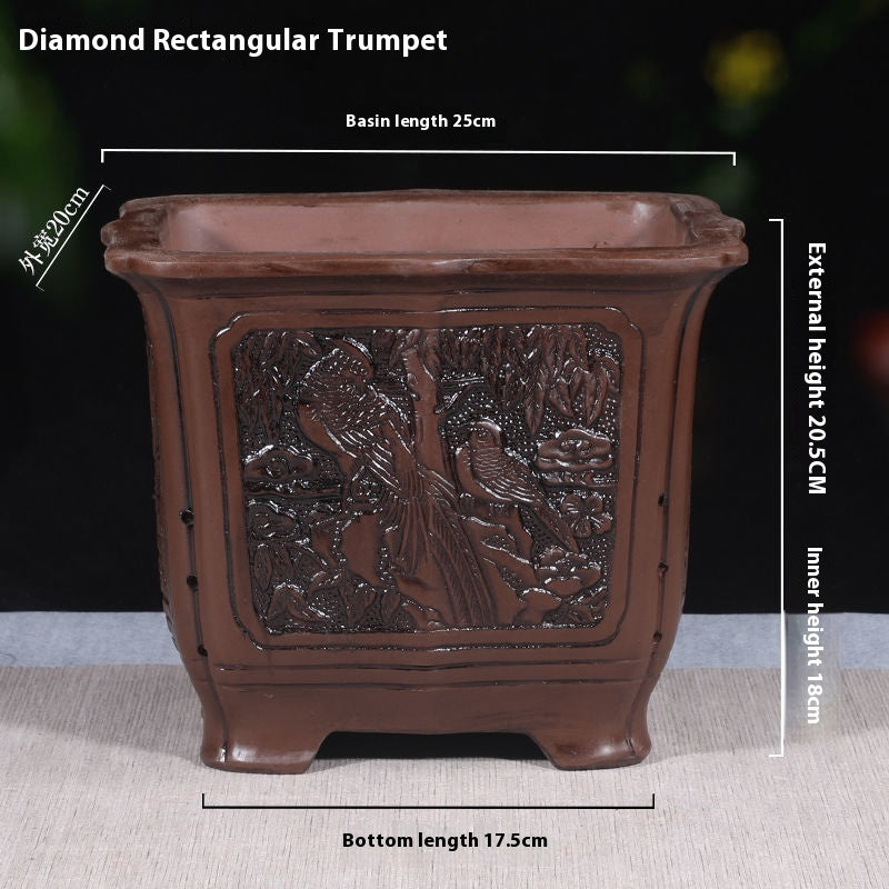 Banyan Flower Pot Purple Sand Relief Pachira Macrocarpa Welcome Pine Happiness Tree Ganoderma Old Pile Extra Large Ceramic Landscape Basin