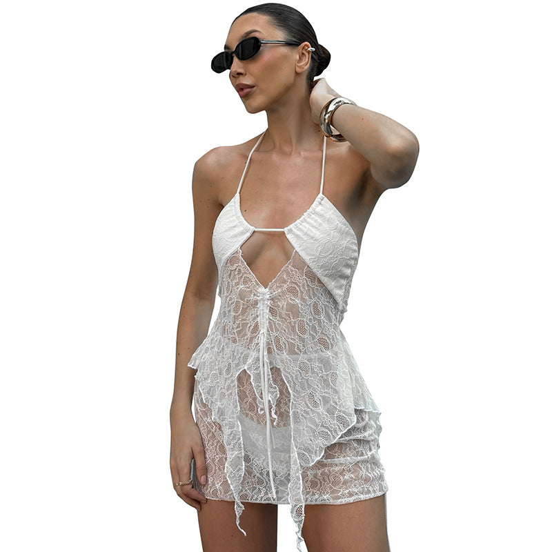 Spring And Summer Seaside Pure Desire Sexy Pure Color Mesh Slip Dress Set Women