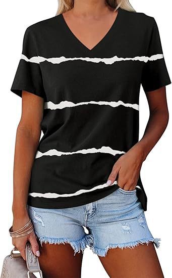 Casual Top Fashion Trend Stripes Short Sleeve Women V-neck