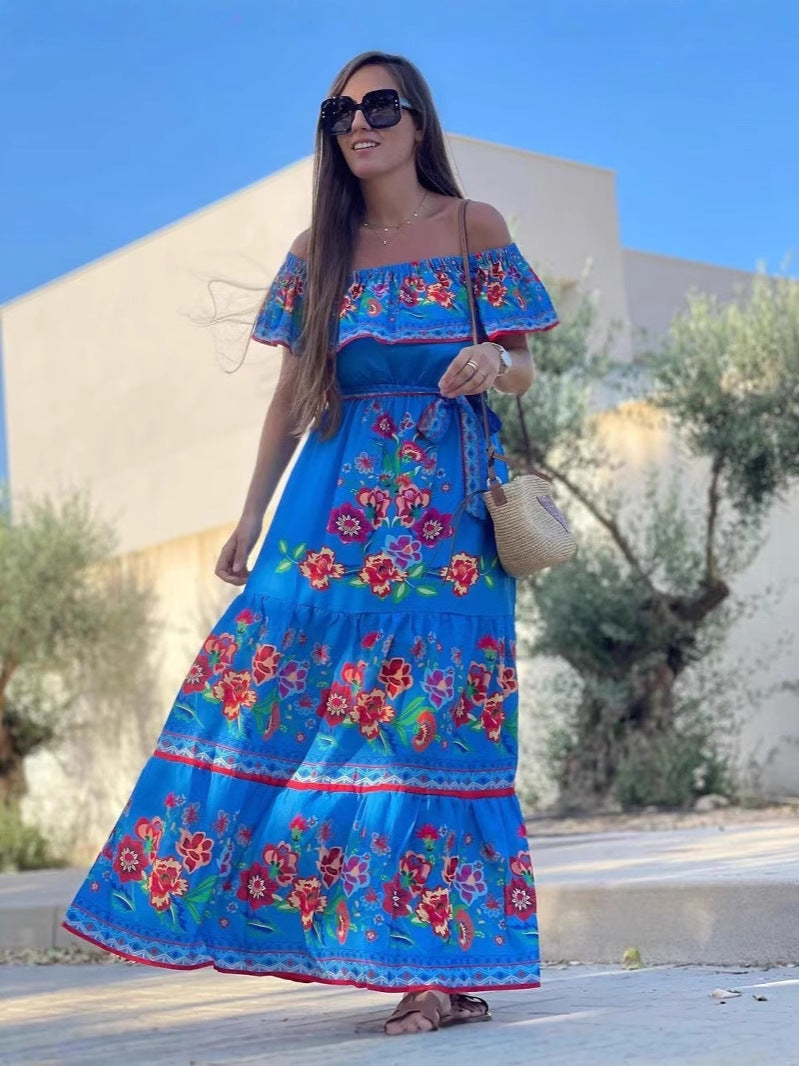 Women's Fashion Off-shoulder Red Flower Print Dress