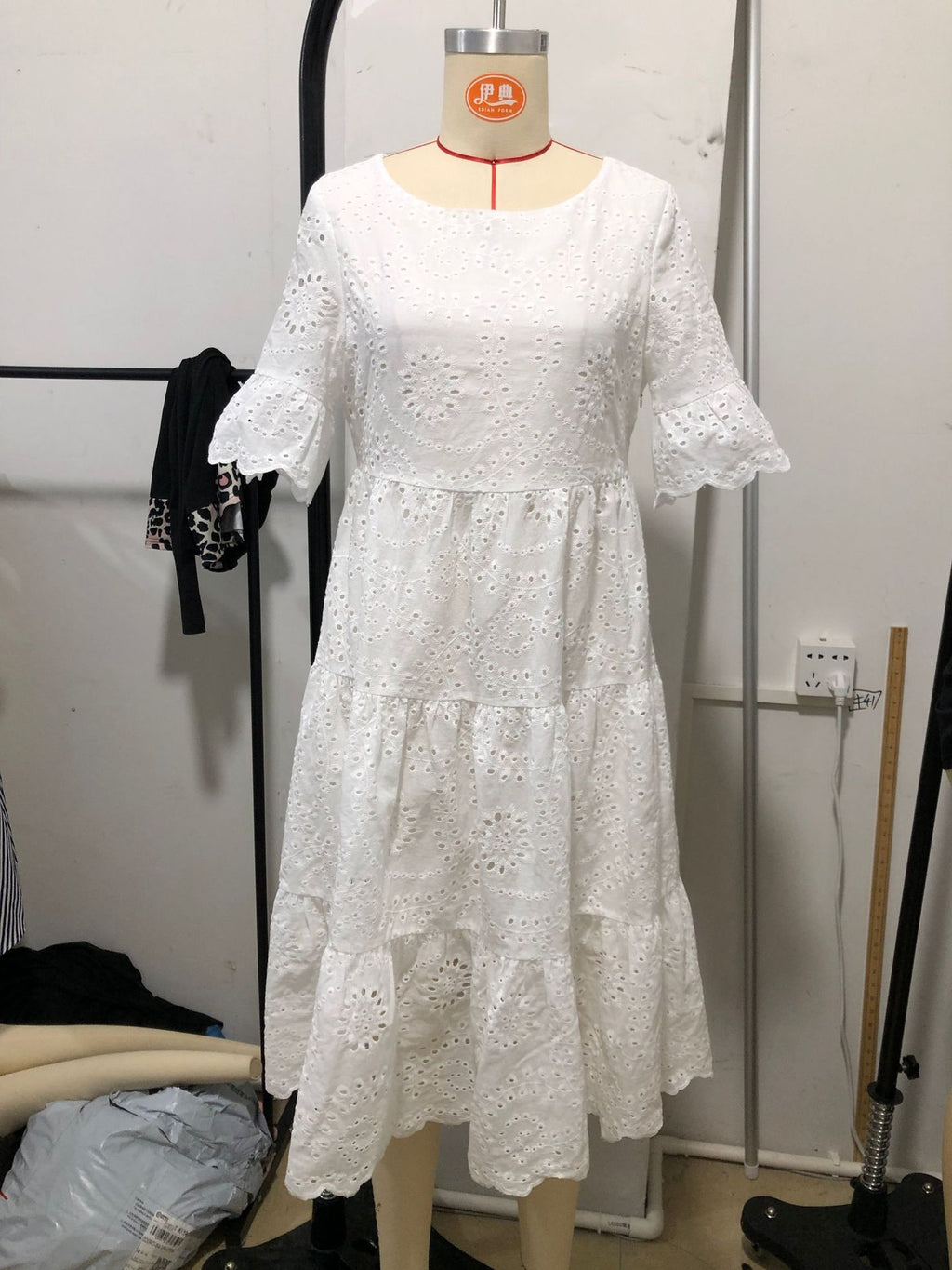 Casual Women's Embroidered Hollow Short Sleeve Round Neck Ruffle Sleeve Waist Dress