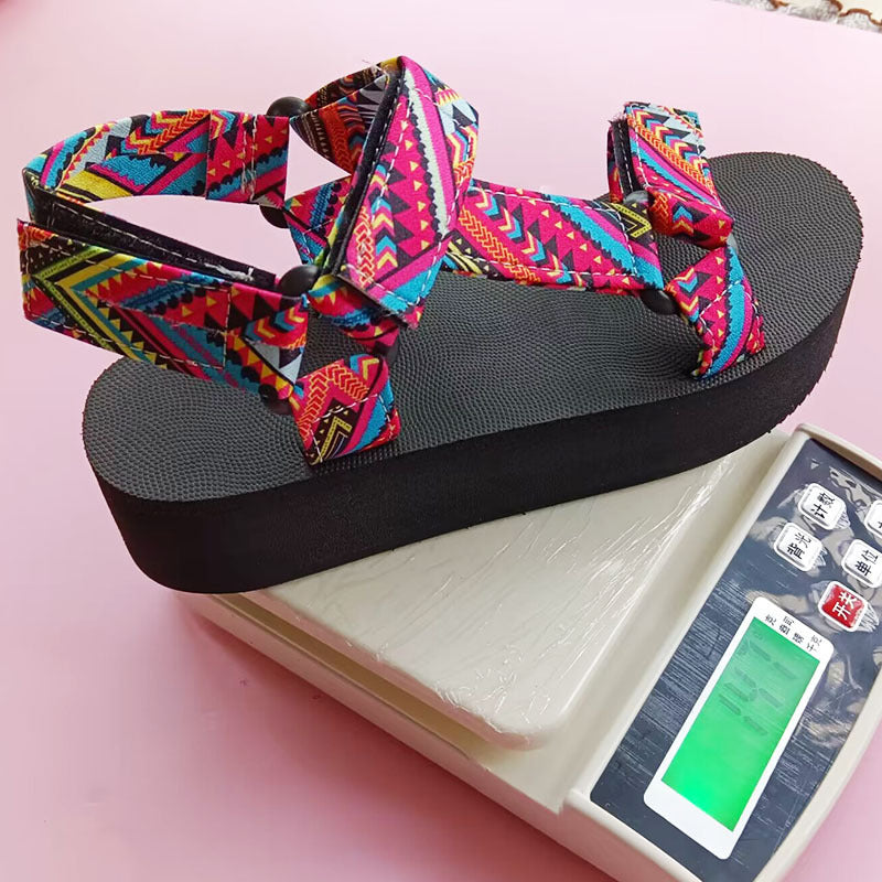 Printed Velcro-design Sandals Summer Ethnic Style Thick Flat Sandals Women's Fashion Casual Beach Shoes