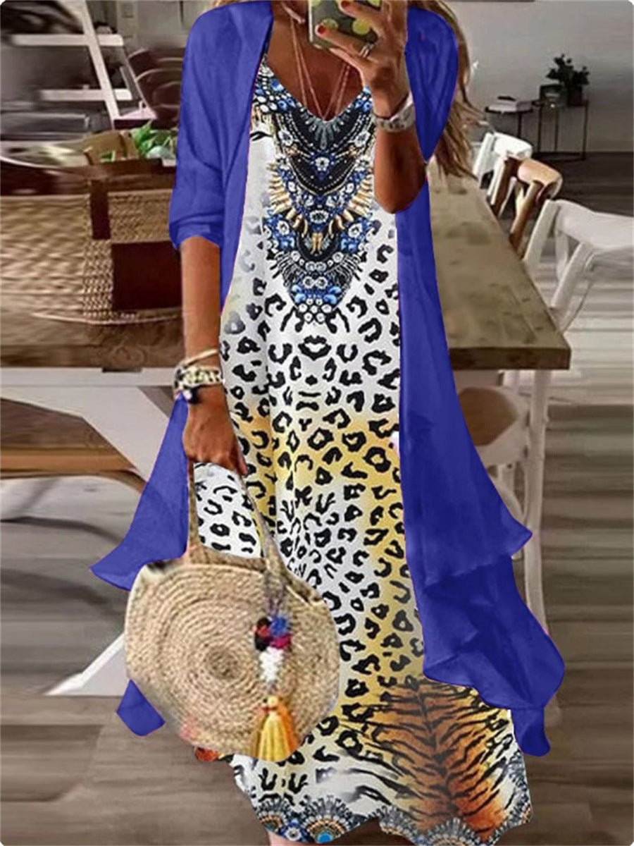 Two Piece Set Of Half Sleeved Printed Casual Retro Sexy Dress