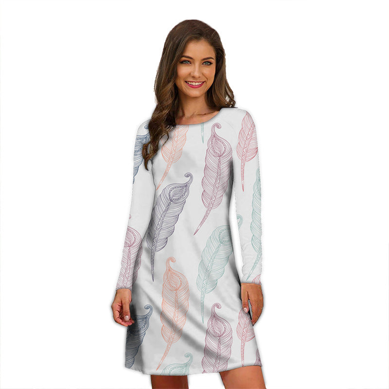 Round Neck Printed Temperament Slimming Small Long Sleeve Dress