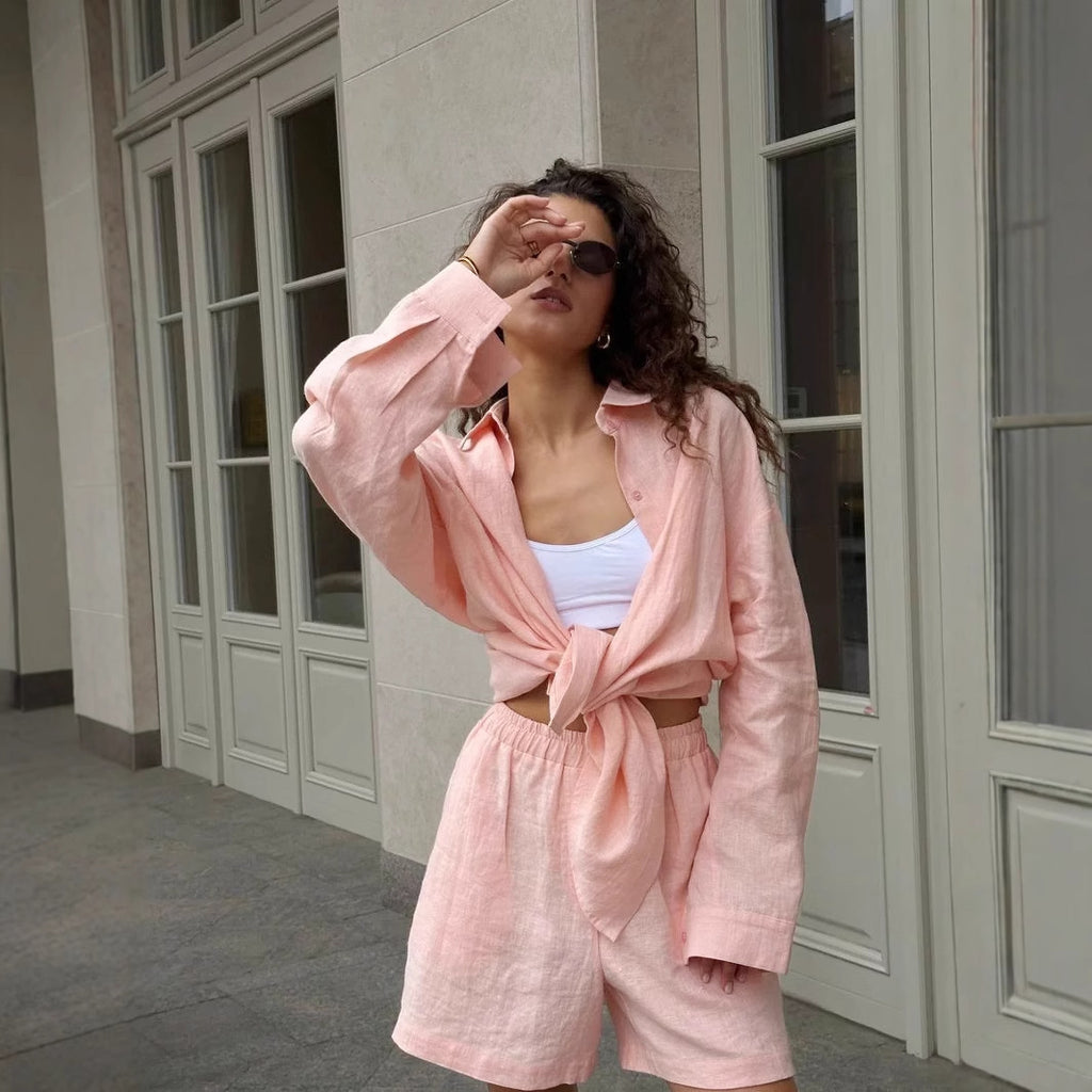 Long Sleeve Cardigan Shorts Suit Simple