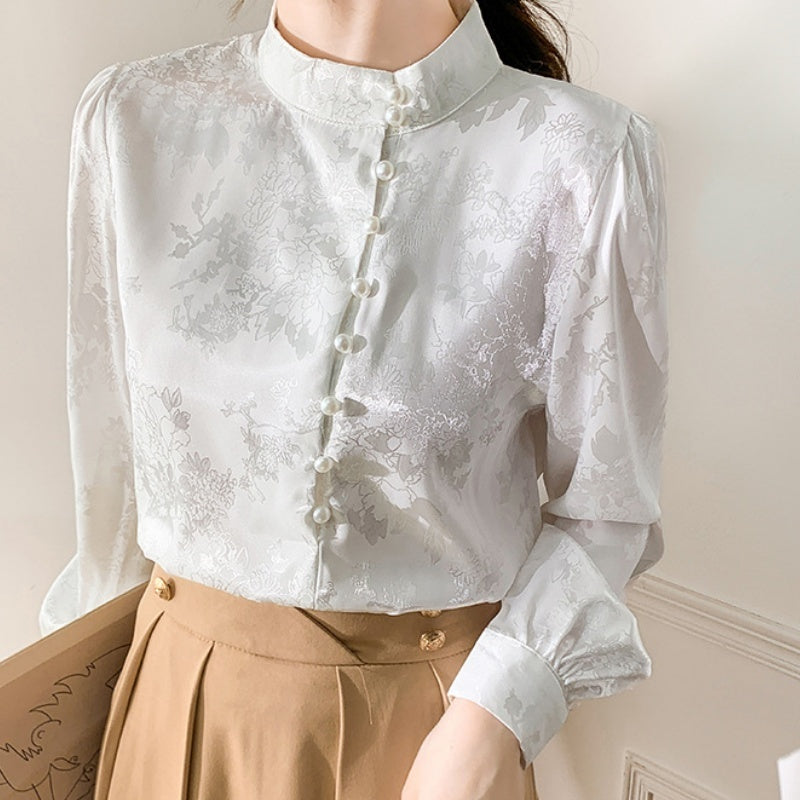 Stand Collar Long Sleeve Shirt Women's Design Beaded Western Style Inner Bottoming Top