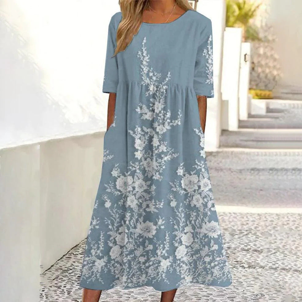 New Mid Waist Casual Round Neck Printed Swing Women's Dress