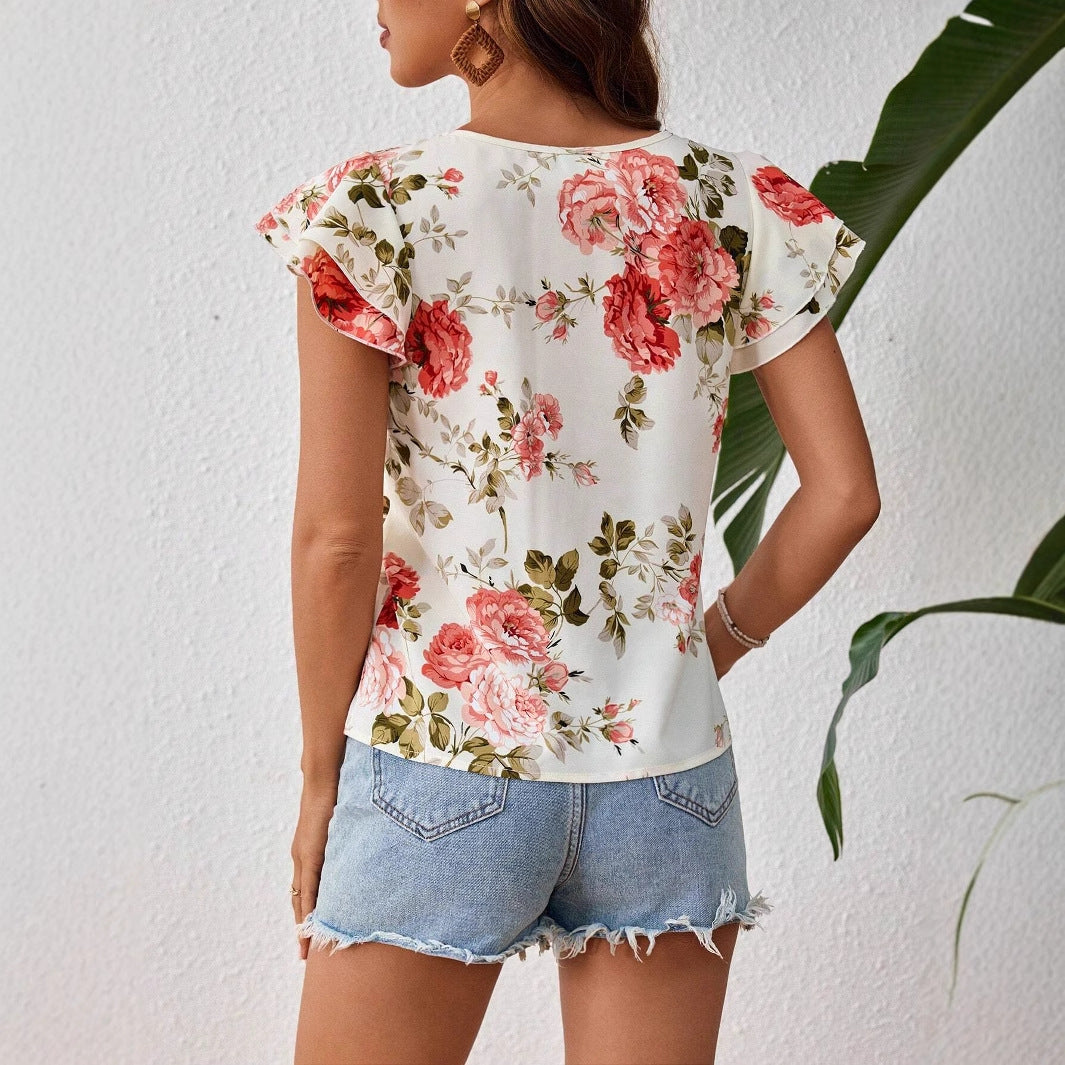 Floral Print Short Sleeve Shirt Summer Fashion Ruffled Tops Women's Clothing