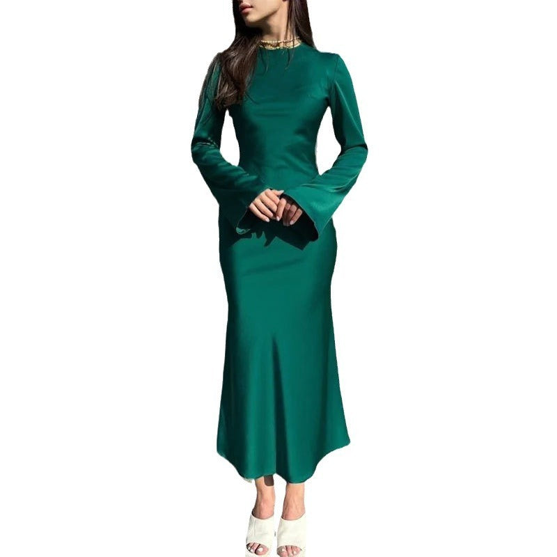 Women's Clothing Temperament Pure Color Long Sleeve Round Neck Waist Trimming Sheath French Dress