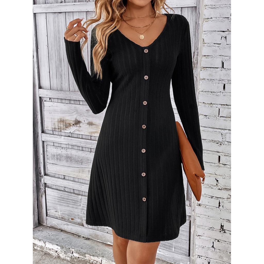 Women's Fashion Button Waist Long Sleeve Dress