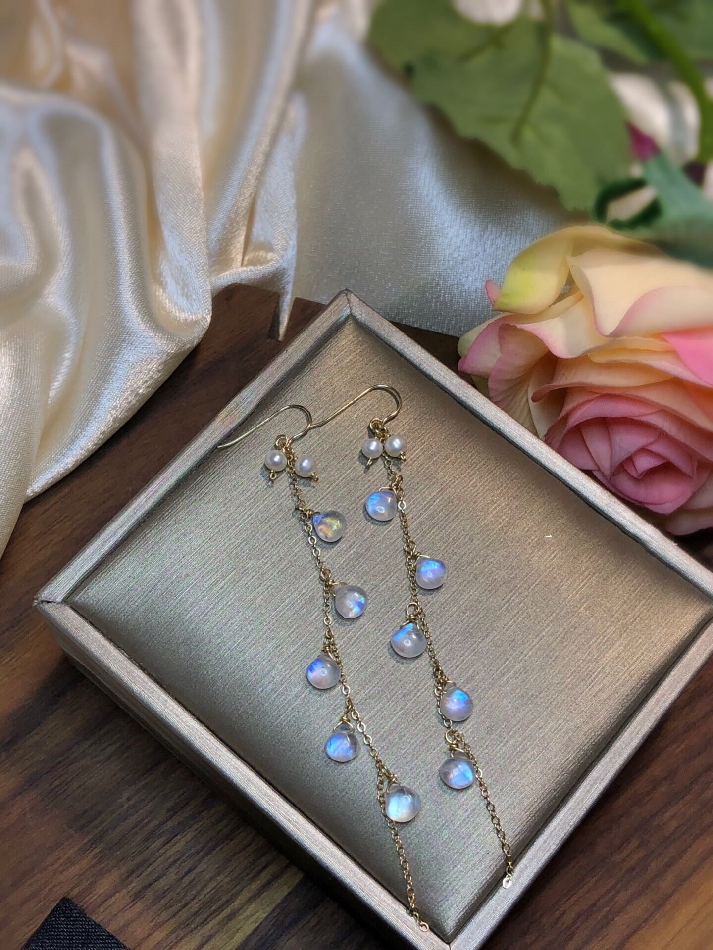 Moonlight Stone Wrapped Vintage Tassel 14k Earrings