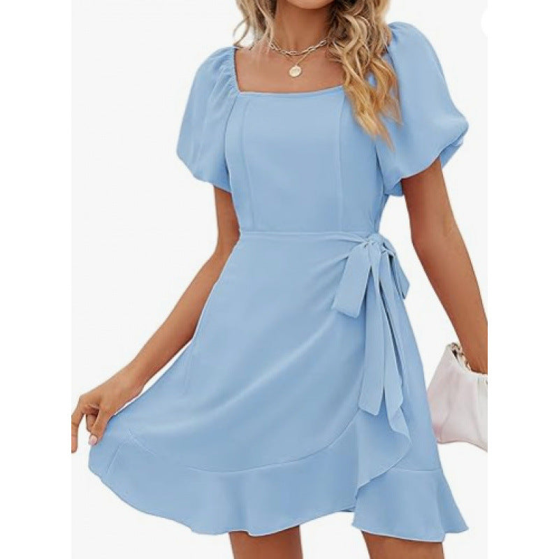 Women's Square Collar Solid Color Puff Sleeve Dress Lace-up Waist