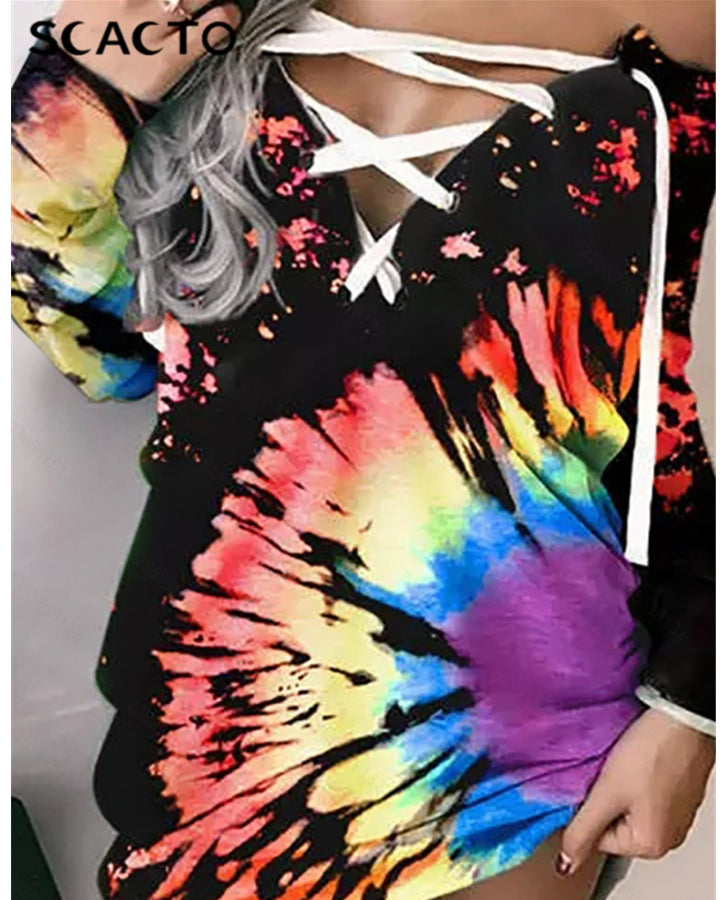 Women's Printed Off-shoulder Corns Lace-up Long Sleeve Top