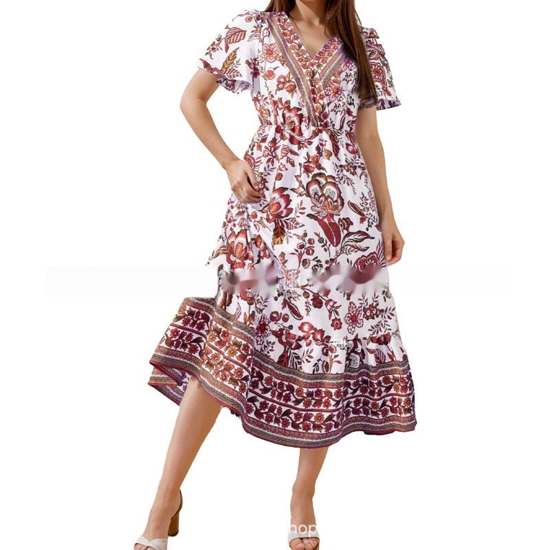 Bohemian Dress Leisure Holiday Floral Print Short-sleeved Midiskirt