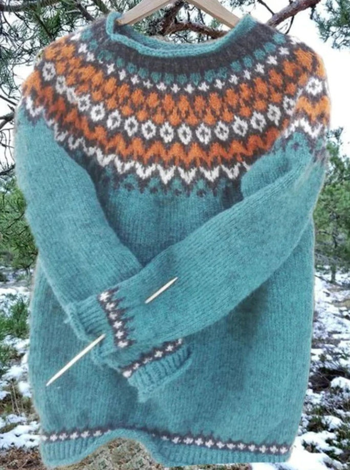 Thick Needle Fabric Printed Women's Round Neck Sweater