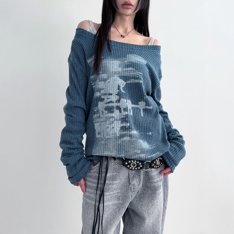 Personalized Distressed Print Diagonal Collar Loose Long-sleeve Women's Top