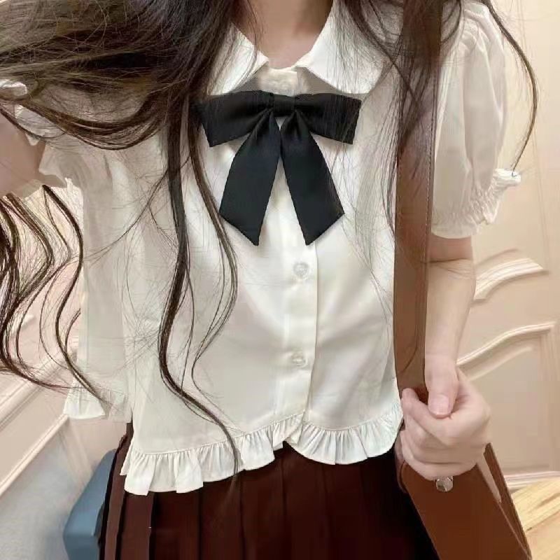 Women's Summer College Style Puff Sleeve White Short Sleeve Shirt