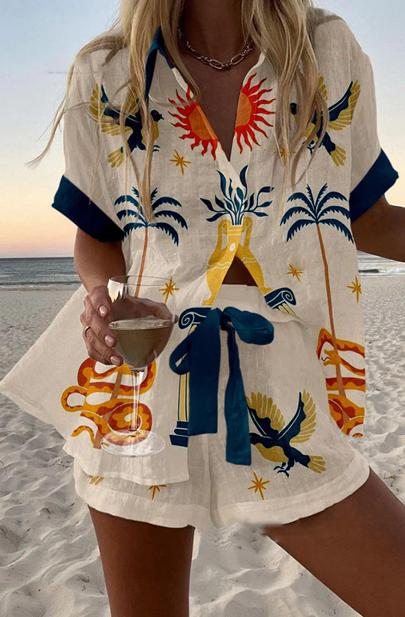 Women's Fashion Printed Casual Vacation Style Cardigan Shorts Suit
