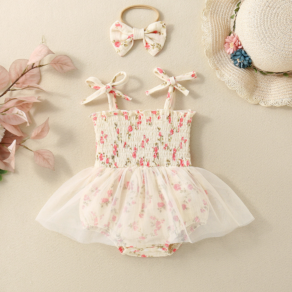 Baby Girl Flower Print Sling Triangle Rompers Tulle Skirt