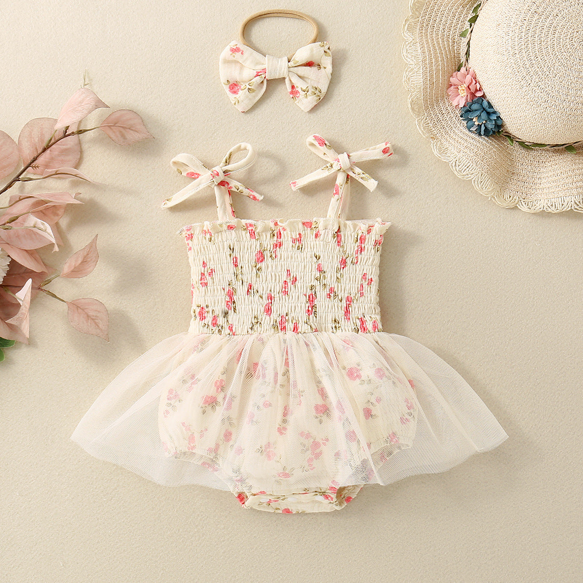 Baby Girl Flower Print Sling Triangle Rompers Tulle Skirt