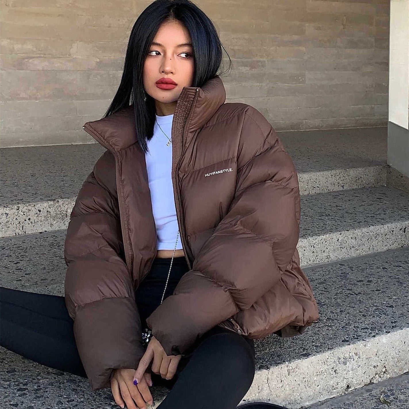 Down Cotton Jacket Women Stand Collar Short